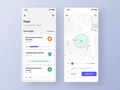 Job Service Feed app blue cards clean design feed filters hiring hr ios job job listing map map design mobile shadow ui white work