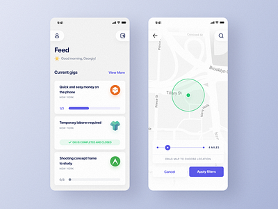 Job Service Feed app blue cards clean design feed filters hiring hr ios job job listing map map design mobile shadow ui white work