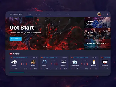 An E-Sports Bet Web app bet branding cool csgo dark design dota game illustration lol match sketch sports ui web webdesign