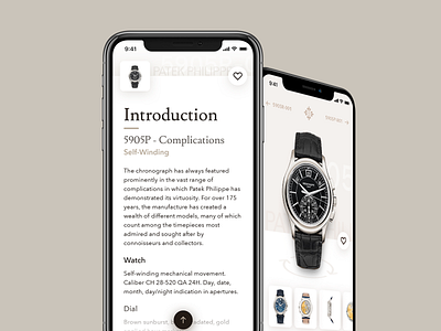 The Watcher - Details (Scrolling Behaviour) app behaviour chronograph concept design explore ios luxury minimal patekphilippe scrolling silver timepiece ui ux watches