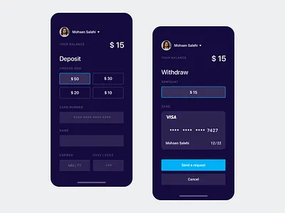 Deposit 2 amount balance buy card credit dark deposit form mobile money product design sum trade visa withdraw