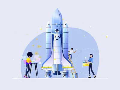 Creating and developing a business 2d 2danimation aftereffects animation application character character animation characterdesign characterillustration colors construction design employee flat illustration layers motion rocket shape vector
