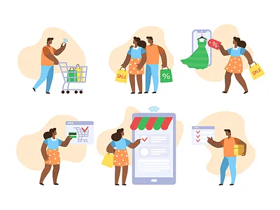 Shopping People business buy card character commerce couple credit customer family flat gift girl man online people purchase sale shop store woman