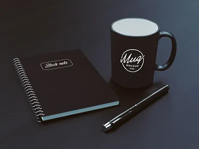 Coffee Mug Mockup With Block Note block note coffee dark minimalist mockup mockup psd mug mug on table mugs pen table