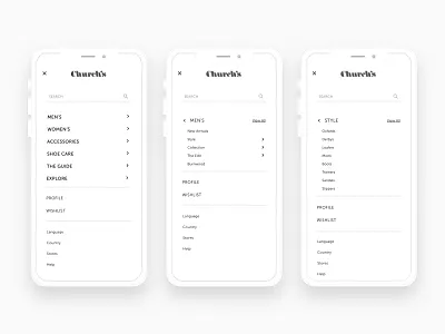 Church's Mobile Navigation clean clean ui ecommerce menu minimal mobile navigation prada responsive search ui ux web white