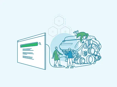 Bonsai Engine blue bonsai collaboration engine green humaaans illustration literal metaphor people power pun search technology visual pun