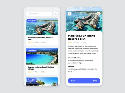 Tour Search App: Tour List & Tour Page app booking cards ios minimal tour travel ui ux