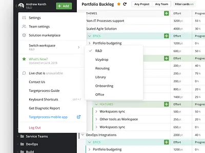 Switch Workspace agile change workspace dashboard data table interface kanban product switch workspace targetprocess ui web workspace