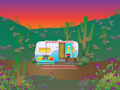Desert Life bush cactus camper camping color desert escape glow heat hills illustraion illustrator lights poster rocks sky southwest sun sunset weeds