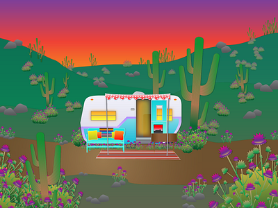 Desert Life bush cactus camper camping color desert escape glow heat hills illustraion illustrator lights poster rocks sky southwest sun sunset weeds