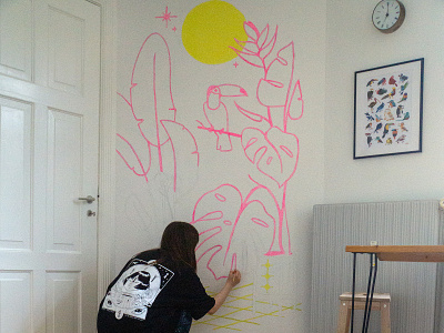 Mural Design Part II acrylic apartment birds brush design graphics home hygge monoline mural neon paint pink plant lover plants stroke sun tropical vector yellow