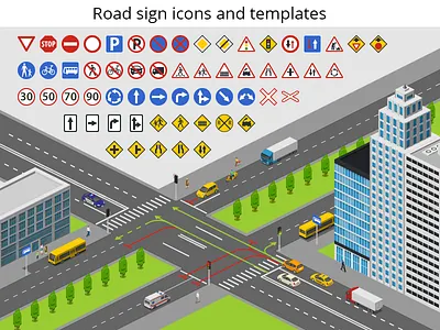 Road Signs 2.5d city free icons isometric template