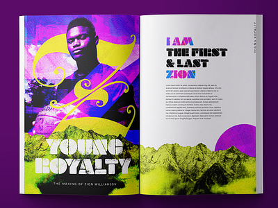 Zion Williamson Editorial Art article brand duke gold magazine magazine illustration mockup nba purple royalty sports branding sports marketing spread zion zion williamson