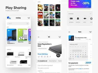 Play Sharing - Rent of consoles and game equipment app application catalog console design equipment game games interaction interface mobile mobile app nintendo play playstation rent sharing ui ux xbox