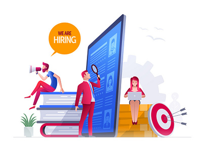 We are hiring character design girl hire hr human resources illustration people teamwork vector