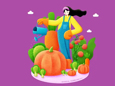 Illustration - Rural Life carrot chinese cabbage girl grow vegetables illustration life lovely original pumpkin tomatoes vegetables watering