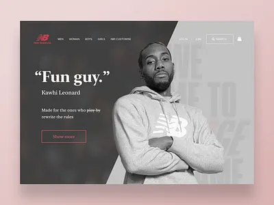 Fun Guy. Kawhi Leonard / New Balance concept app app design basketball cart design interaction kawhi leonard landing screen nba nba finals new balance new york online store raptors shopping toronto ui ux web webdesign
