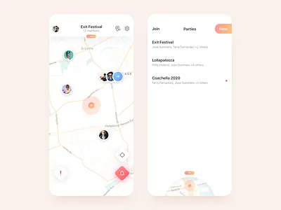 Search Party App alert clean custom festival gradient iphone light list location map menu minimal music search sketch ui users ux