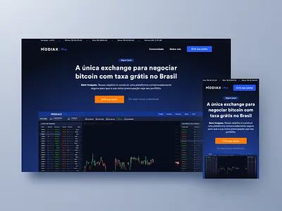 Modiax Pro – Landing Page bitcoin blue clean crypto cryptocurrency cta dark desktop exchange homepage interface mobile orange platform product responsive trade ui ux website