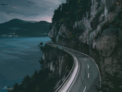 Mountain Road art artist artwork background book concept concept art design digital art drawing illustration illustrator landscape mountain mountains painting photoshop print road road trip