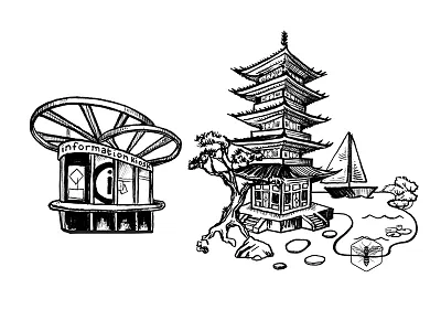 City Map black and white botanical graphic handdrawn illustration ink