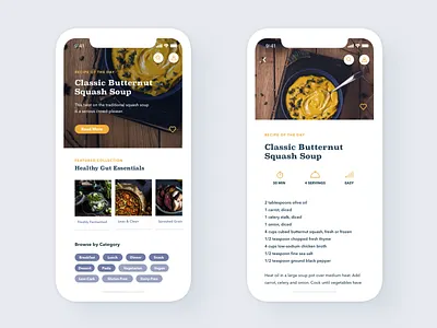 Gutsy Recipe App Dashboard and Recipe Card brand identity cooking app digestive health food app gut health health app healthy eating mobile app design recipe app ui design ui ux wellness