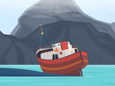 The little ship is sad and alone 2d art alone design graphic design illustration lake lonely minimal mountain rock rusty sad ship ship wreak vector vector art vector illustration