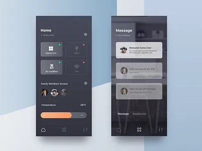 Smart home app app blue cards clean dailyui dark dark ui design flat home ios message minimal settings smart smart home temperature ui