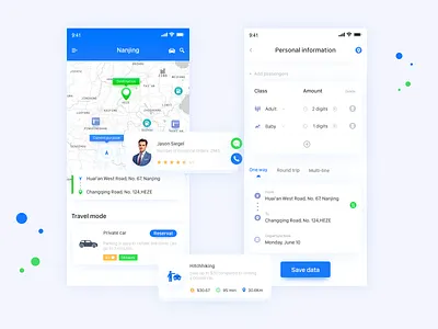 Personal trip taxi application app card design clean individual trip passenger information take a taxi travel mode trip planning ui