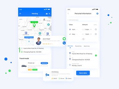 Personal trip taxi application app card design clean individual trip passenger information take a taxi travel mode trip planning ui