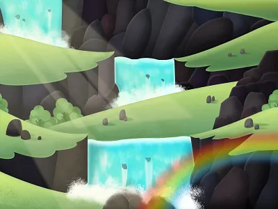 A waterfall view green illustration light rainbow waterfall