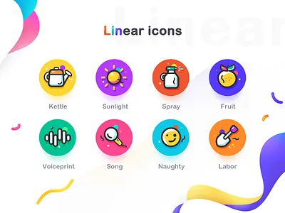 Linear Icon branding colour adventure emoji flowers fruit icon illustration intelligent voice landscape logo music produce sunlight theme typography ui web flat