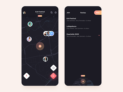 Search Party - Dark version app black clean dark design festival flat friends gradient iphone list location map minimal party sketch ui users ux vector