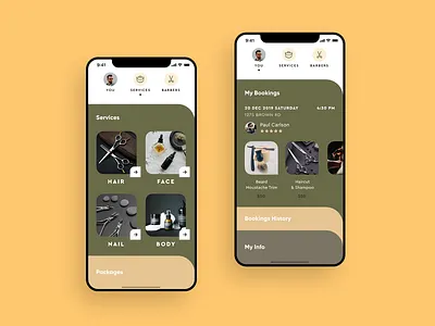App for Barbershops app barber barbershop beauty booking card clean creative haircut ios military minimal mobile round salon service services tabs trend ui
