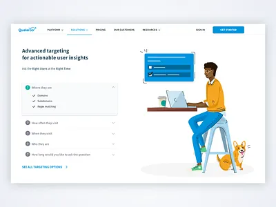 Qualaroo Illustrations caffe cute dog hero illustration homepage illustration landing page man working product page ui vector web illustration