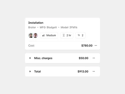 Job Cost Blocks accordion avatar badge card chip clean component cost dark theme dropdown expandable interaction interface menu product summary tag ui white