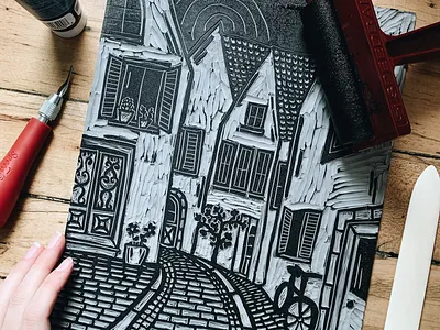 EUROPE STREET block print block printing city europe ink linocut road street