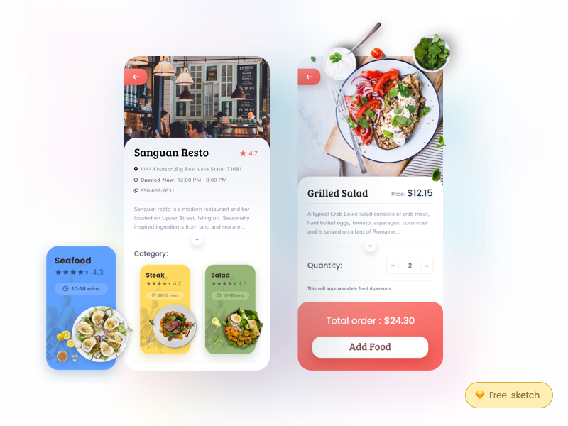 Restaurant and menu screens clean download food freebies freedownload menu mobile mobile app product design restaurant salad sketch sketch freebie steak