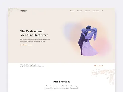 Wedding Organizer Landing Page ai bot fullscreen landing page machine learning organizer pastel planner service ui ux wedding card weddings