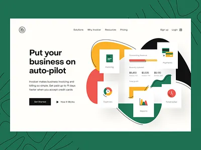 Invoicer: Hero Section header invoice landing page payment app payments product page reports timetracker web web page website