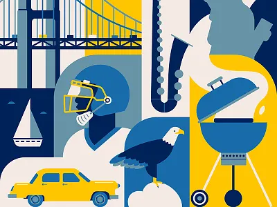 USA bridge car eagle man road rugby saxophone taxi travel vector