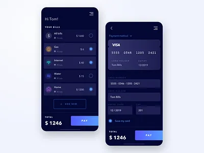 Darkmode bill app app application bill card check darkmode ios pay payment ui user experience user interface ux
