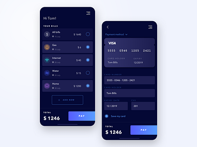 Darkmode bill app app application bill card check darkmode ios pay payment ui user experience user interface ux