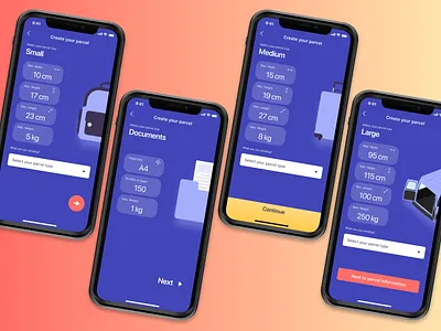 Create your parcel (parcel size selection) booking button design buttons carrier delivery app illustration order parcels shipments shipping management