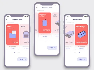 Create your parcel (parcel type selection) bags booking carrier delivery app design illustration interface parcels reservation shipments shipping management travel traveling ui ux