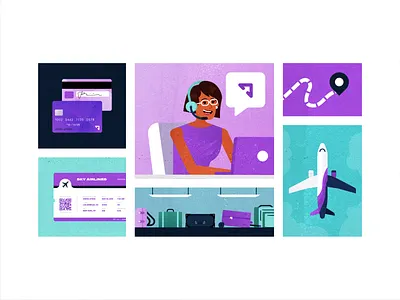 Customer Benefits business client customer support flat flight booking fly illustration laptop office people planning popular purple search service travel travel app traveling vector