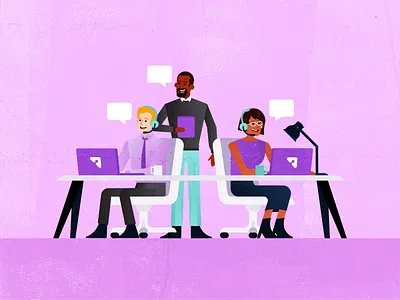 Driven & Focused business client customer support flat flight booking fly illustration laptop office people planning popular purple search service travel travel app traveling vector