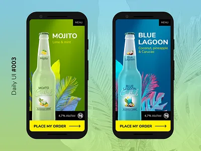 Daily UI Challenge #003 alcohol bottles branding cocktails daily ui dailyui dailyui003 dailyuichallenge design drinks interface landing page landing page design landingpage mojito online ui uidesign web