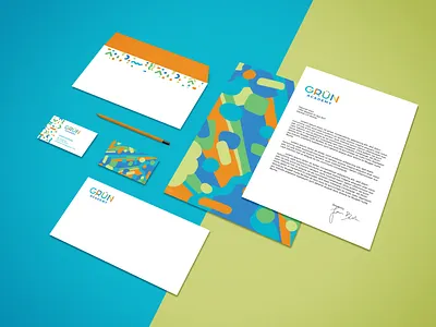 Grun Stationery branding branding and identity child pattern funky pattern identity design kid pattern kids kindergarten kindergarten branding pattern pattern design preschool school branding school logo stationery stationery design stationery mock up