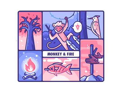 Monkey & Fire animal bird campfire comic design fire fish icon illustration jungle making fire monkey peach primitive story tree vector woodpecker zodiac zodiac sign